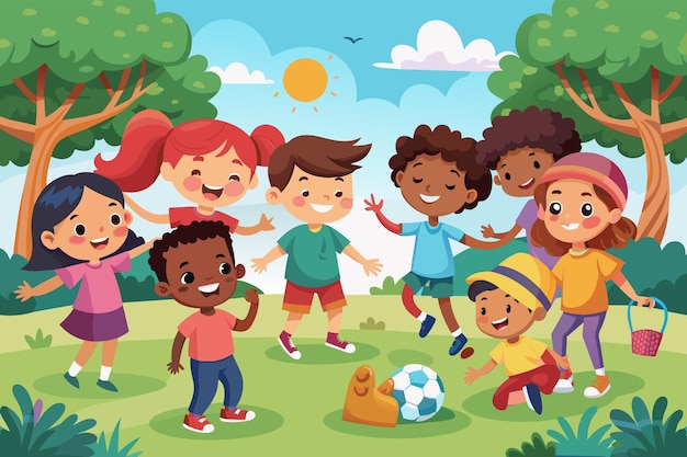 Ilustración de un grupo diverso de seis niños jugando felices en un parque soleado con árboles una pelota de fútbol y mariposas alrededor