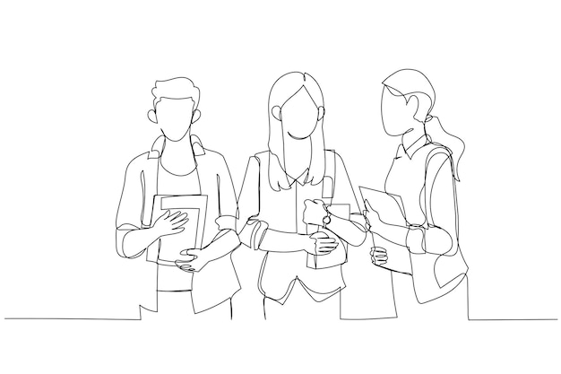 Ilustración de un grupo de estudiantes felices al aire libre después de recibir educación en el campus Estilo de arte de línea continua única