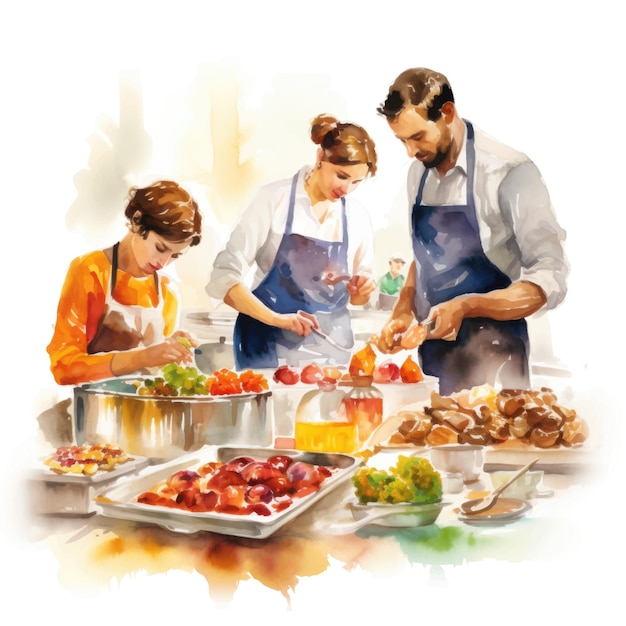 Ilustración de un grupo de personas cocinando en la cocina de casa.