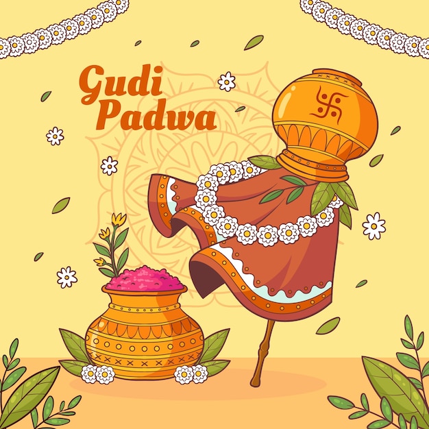 Vector ilustración de gudi padwa dibujada a mano