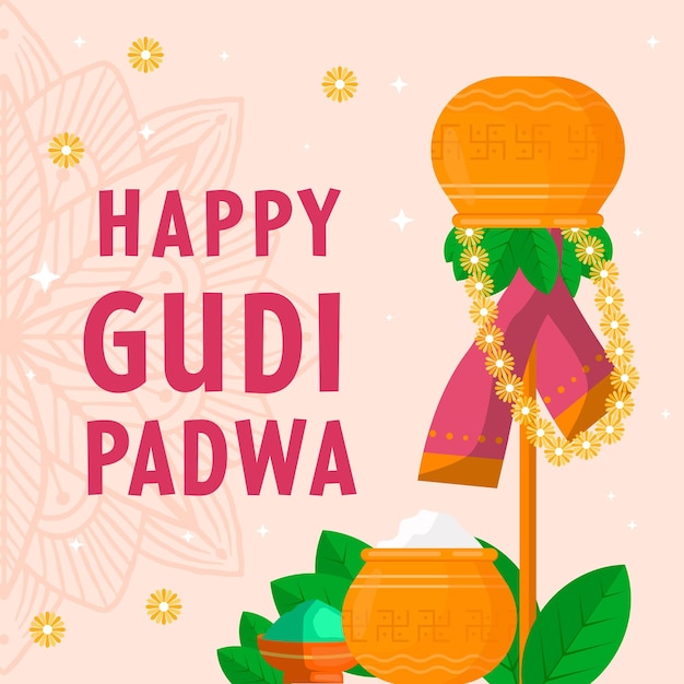 Ilustración de gudi padwa en estilo de diseño plano con espacio de copia