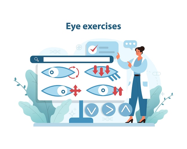 Vector ilustración de una guía de ejercicios oculares en la que un médico recomienda exercicios oculares para mantener la salud ocular