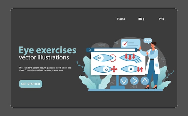 Ilustración de una guía de ejercicios oculares en la que un médico recomienda exercicios oculares para mantener la salud ocular