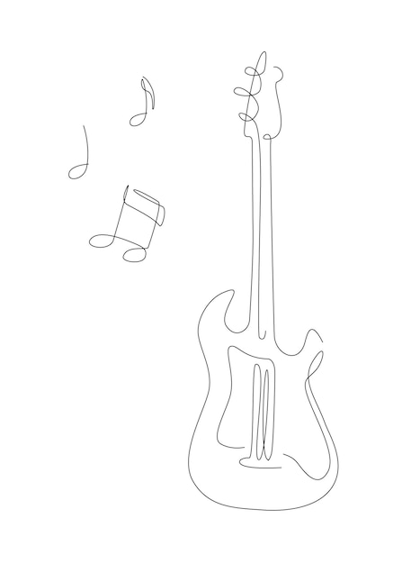 Ilustración de guitarra eléctrica de una línea con notas rock Música banda instrumento línea arte guitarra de acero