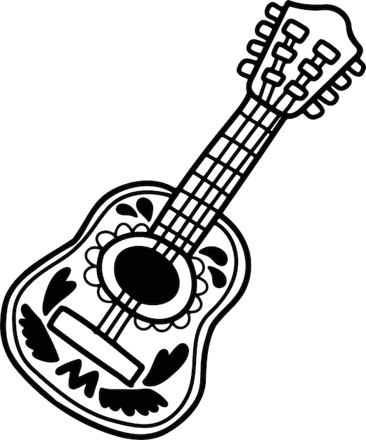 Ilustración de guitarra de estilo mexicano dibujada a mano en estilo de línea