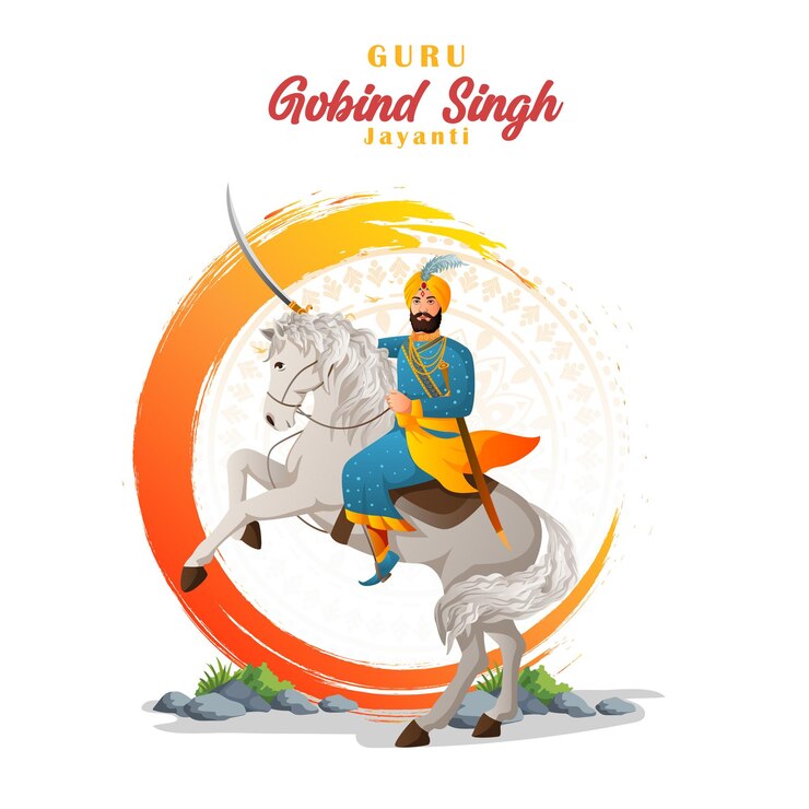 Vector ilustración de guru gobind singh jayanti montado en un caballo blanco con concepto de color gradiente