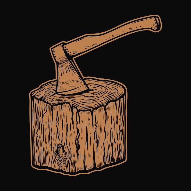 Ilustración de hacha de leñador en una plataforma de madera en estilo de grabado Elemento de diseño para emblema signo cartel tarjeta banner flyer Ilustración vectorial