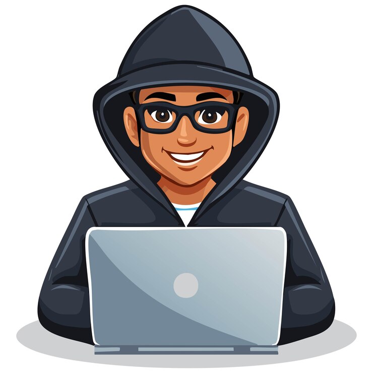 Vector ilustración de un hacker con una computadora portátil