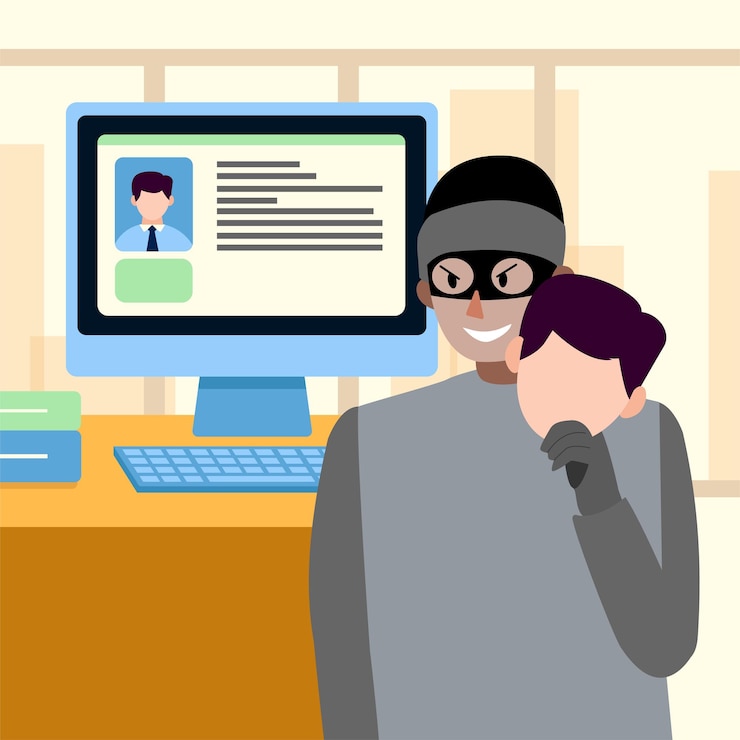 Vector ilustración de un hacker que ha pirateado con éxito una computadora, un ataque cibernético y una violación de datos