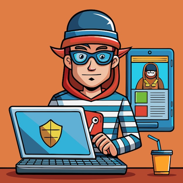 Ilustración de un hacker que opera una computadora portátil