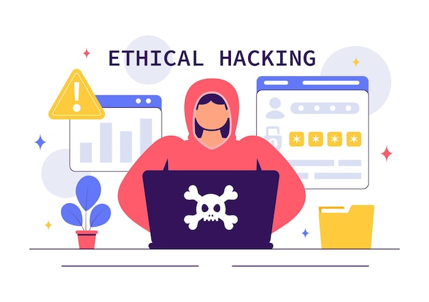 Ilustración de hacking ético con un desarrollador practicando hacking en una aplicación web identificando vulnerabilidades de código para mejorar la ciberseguridad