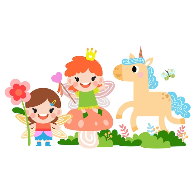 Ilustración de hadas y unicornios con estrellas arco iris corazones nubes en clipart de estilo dibujos animados