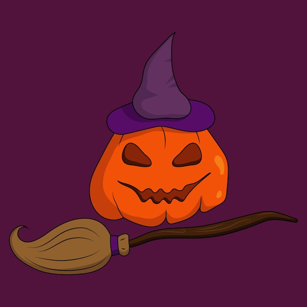 Ilustración de Halloween con una calabaza en el sombrero de bruja