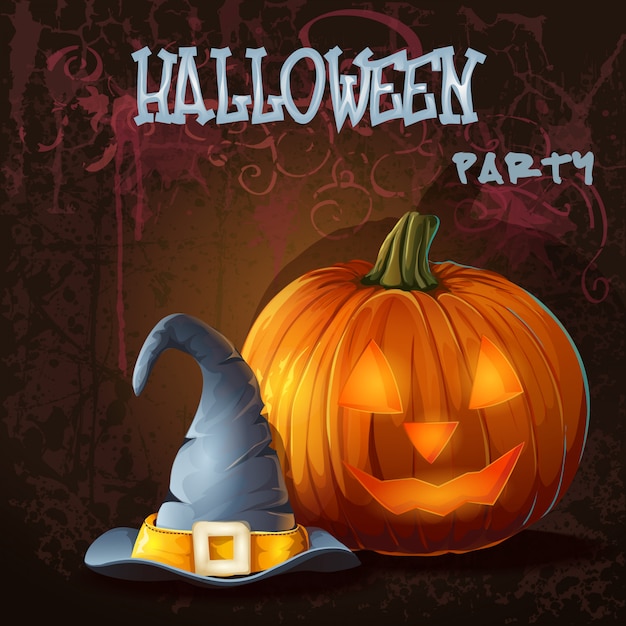 Ilustración de halloween con calabaza y sombrero mágico