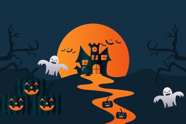 Vector una ilustración de halloween de calabazas con murciélagos y luna llena.