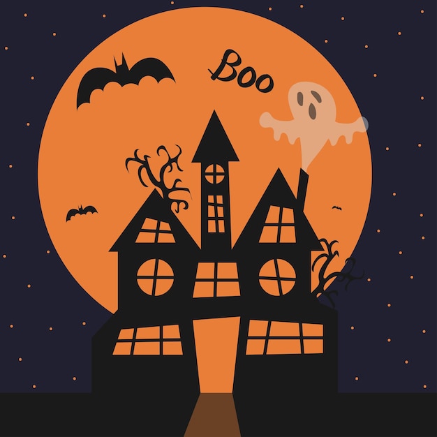 Ilustración de halloween casa murciélagos luna