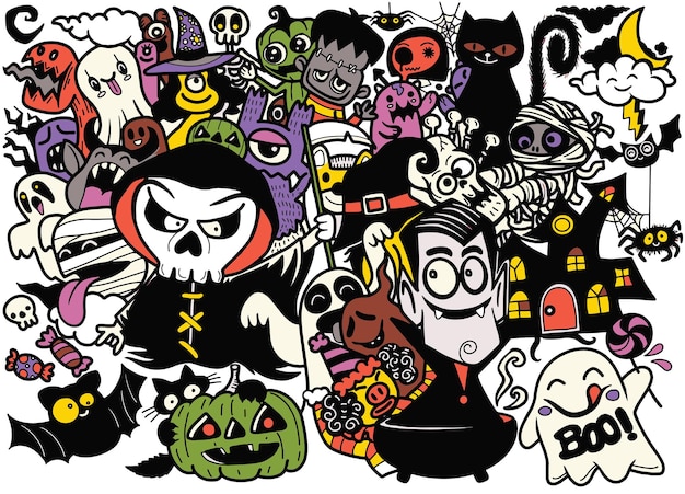 Ilustración de Halloween Dracula Grim Momia y bruja rodeando al fantasma