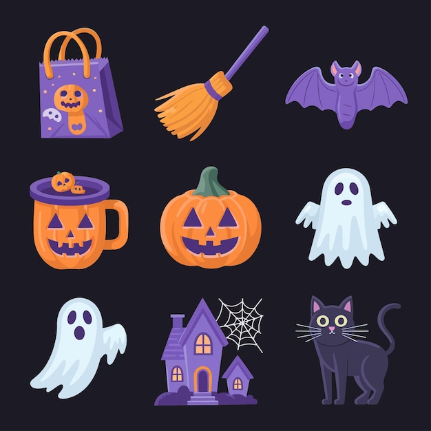 una ilustración de Halloween de una escena de Halloween con un gato y una casa con una escoba