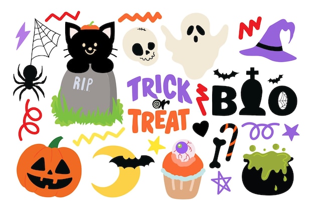 Ilustración de Halloween de fantasmas gato negro calabaza araña luna murciélago sombrero de bruja pastel venenoso sopa