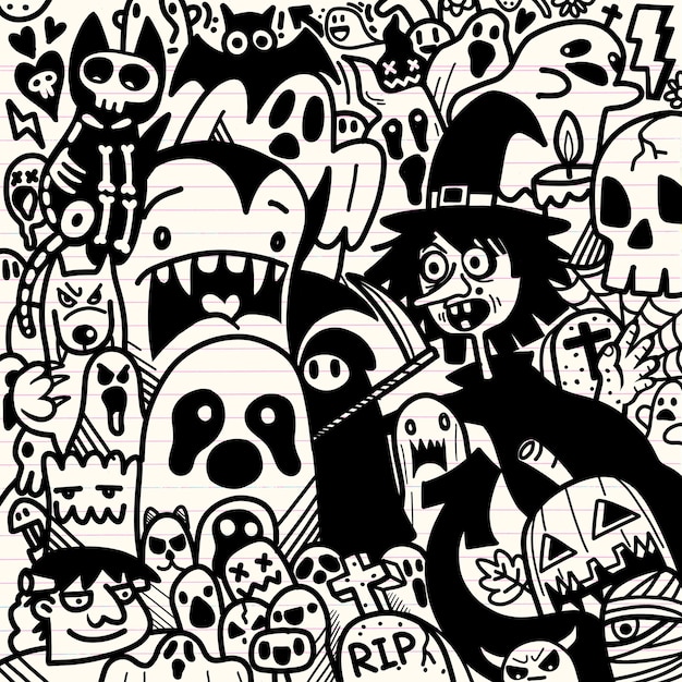 Ilustración de halloween, hombre lobo, espeluznante, vampiro y bruja que rodea el fondo de elementos fantasma encantador feliz halloween.