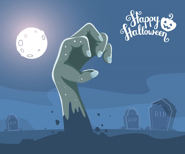 Ilustración de halloween de mano zombie en un cementerio y lápida