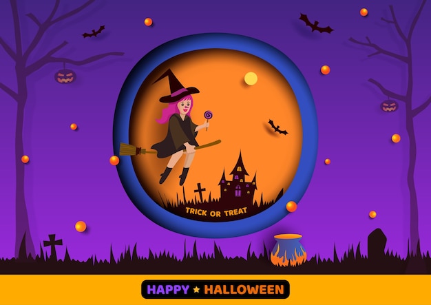 Ilustración de Halloween con niña bruja sobre fondo morado