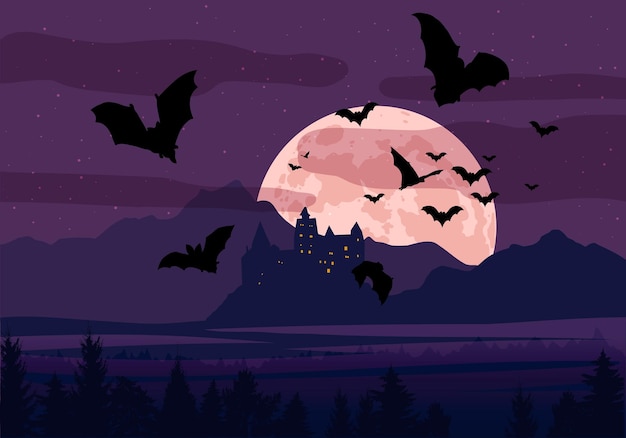 Ilustración de halloween, silueta de murciélago, bosque espeluznante, castillo, luna llena, niebla espesa, bosque