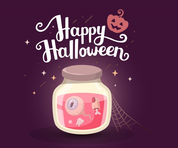Ilustración de Halloween de tarro decorativo con diente, ojo, dedo