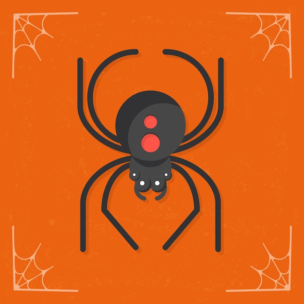 Ilustración de halloween de vector de araña negra espeluznante de dibujos animados lindo aislado sobre fondo naranja