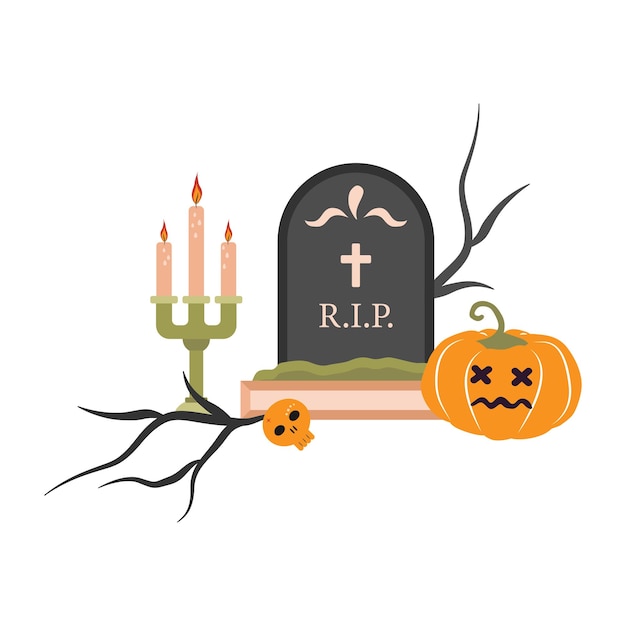 Ilustración para Halloween con velas y calabaza grave