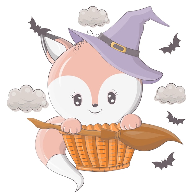 Ilustración de halloween de un zorro con una escoba. ilustración vectorial de animales de halloween.