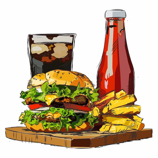 ilustración, hamburguesa dibujada a mano, coca cola y papas fritas, hamburguesa ilustrada