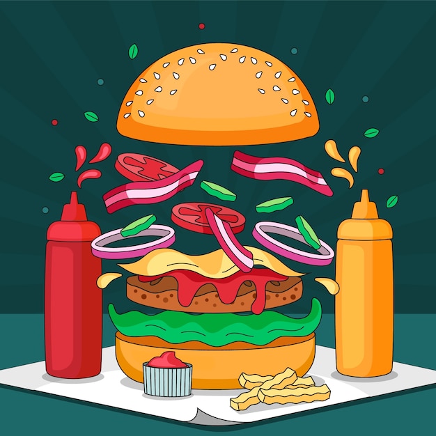 Ilustración de una hamburguesa dibujada a mano