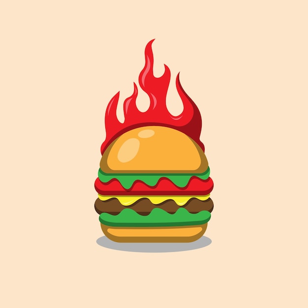 ilustración de hamburguesa de llama de fuego caliente. emblema de vector de plantilla de hamburguesa de comida picante.