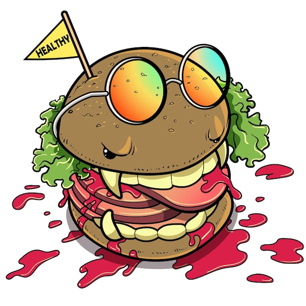 Una ilustración de una hamburguesa monstruosa con gafas adecuadas para el diseño en medios impresos