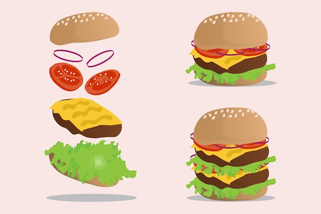 Vector ilustración de hamburguesa con queso con ingredientes frescos en cada capa, diseño de ilustración vectorial plana