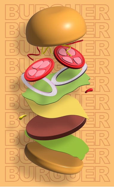 Ilustración de hamburguesa voladora 3D