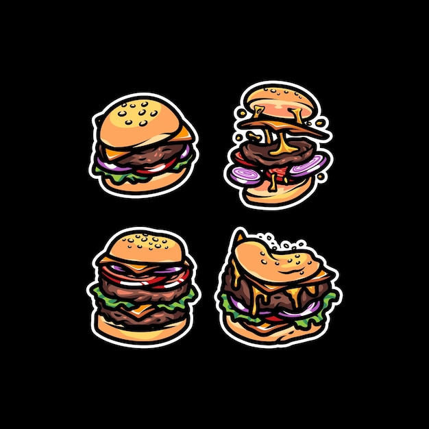 Vector ilustración de hamburguesas de alimentos para negocios de alimentos y equipo de juegos aislado sobre fondo negro