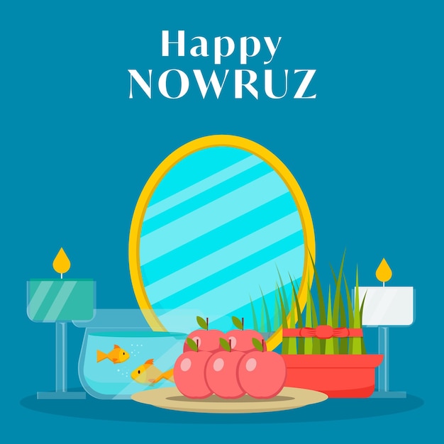 Ilustración de happy nowruz de diseño plano con velas de manzana, espejo de hierba y acuario