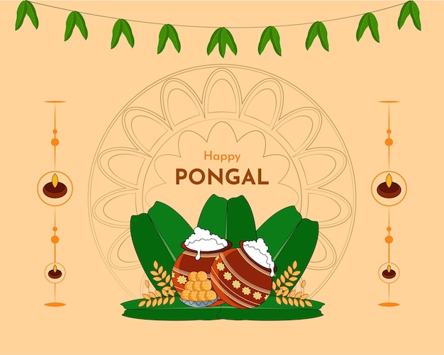 Ilustración de Happy Pongal Festival indio Celebración de fondo tarjeta de felicitación y diseño de publicaciones en las redes sociales