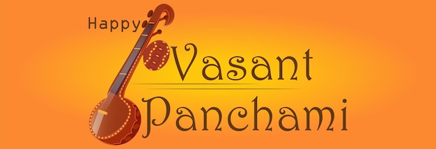 Ilustración de Happy Vasant Panchami con sitar y cisne, diseño de fondo.