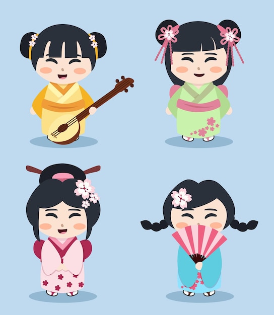 Vector ilustración de heishas, niños japoneses, conjunto de niñas orientales