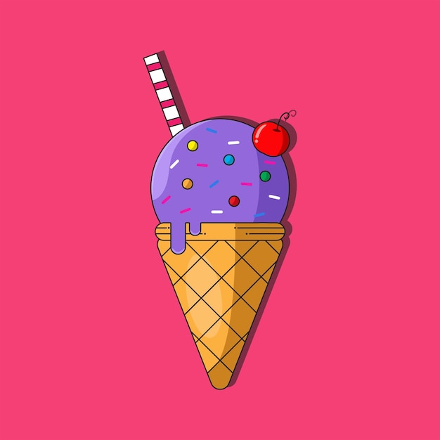 Ilustración de helado dulce y obleas enrolladas sobre un fondo rosado