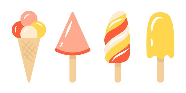 Ilustración de helados rosados, amarillos y rojos en estilo plano Ilustración vectorial