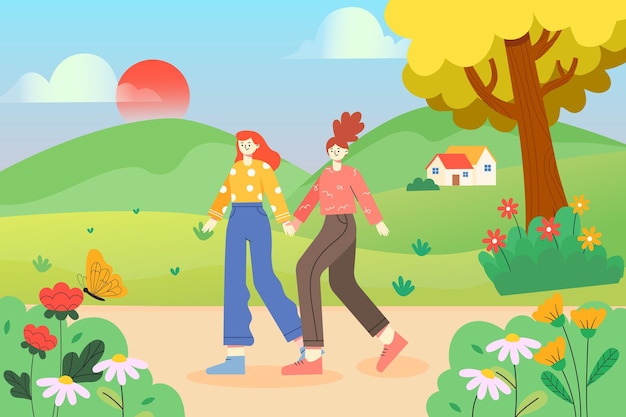 Una ilustración de una hermanita caminando de la mano al aire libre