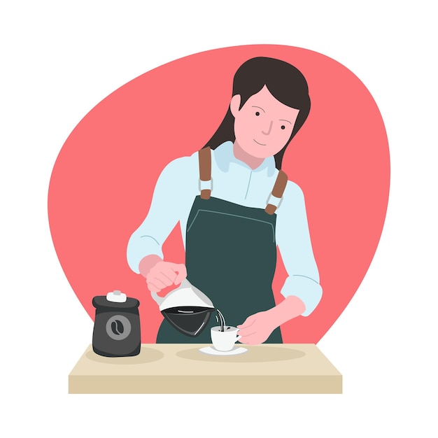 Vector ilustración de una hermosa barista haciendo café para un cliente