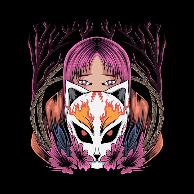 Ilustración hermosa mujer geisha japonesa con máscara kitsune y flores de cerezo para el diseño de camisetas