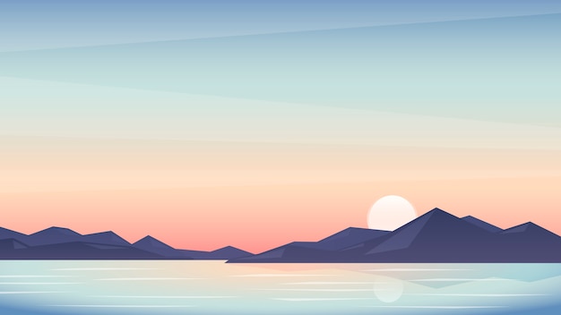 Vector ilustración de una hermosa puesta de sol, paisaje con montañas