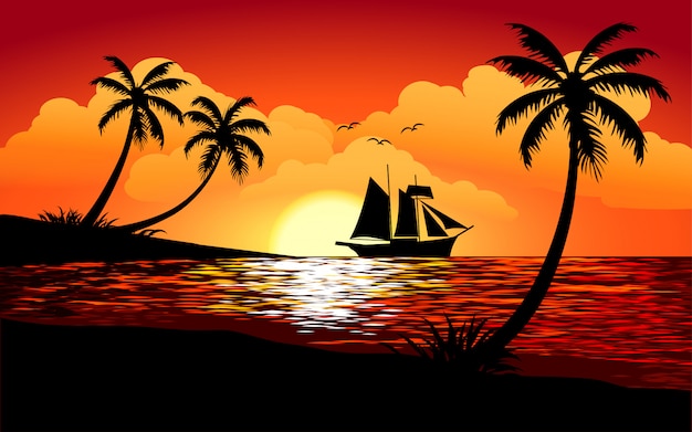 Ilustración hermosa puesta de sol tropical con velero