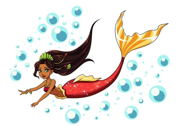 Ilustración Hermosa sirena linda con cabello castaño